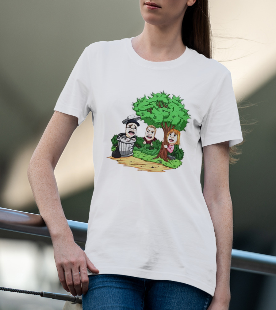 Artem Potokin Little Me Cartoon Characters Hiding Behind Tree And Trash Can T-Shirt