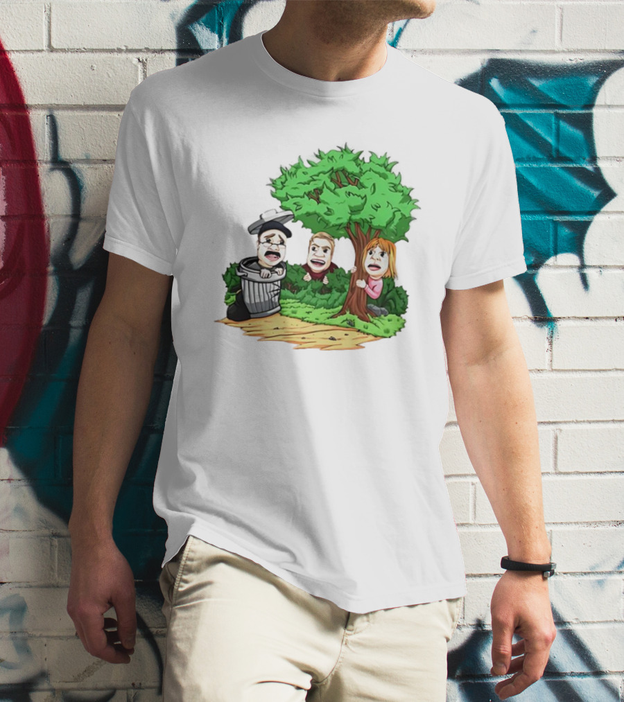 Artem Potokin Little Me Cartoon Characters Hiding Behind Tree And Trash Can T-Shirt