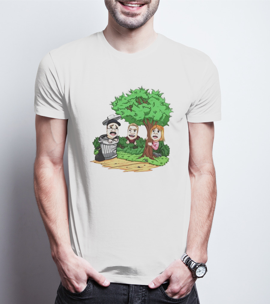 Artem Potokin Little Me Cartoon Characters Hiding Behind Tree And Trash Can T-Shirt