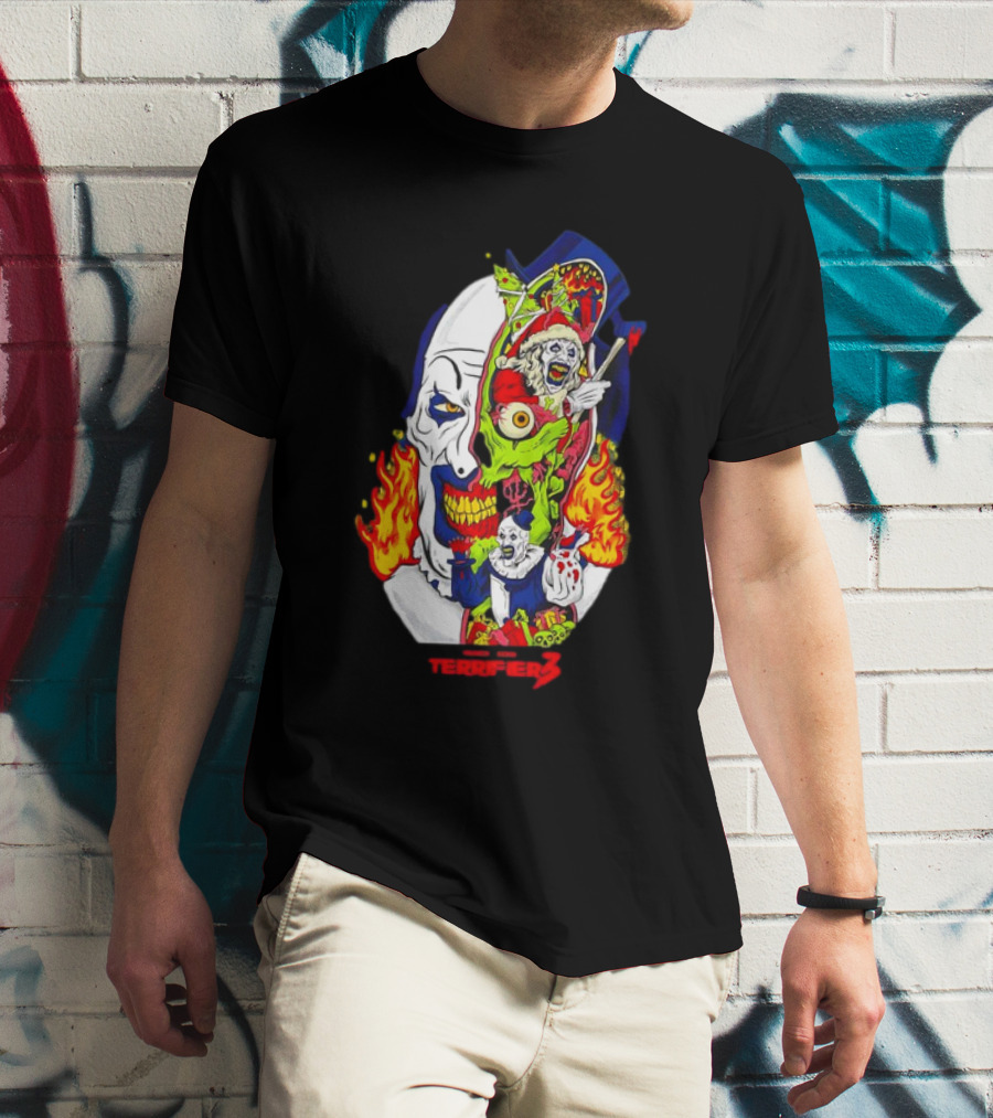 Damien Leone’s Terrifier 3 Clown Mask Horror Flaming Skull Comic T-Shirt