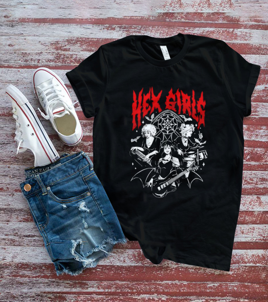 Hex Girls Band Gothic Rock Trio With Instruments And Spiderweb Background T-Shirt