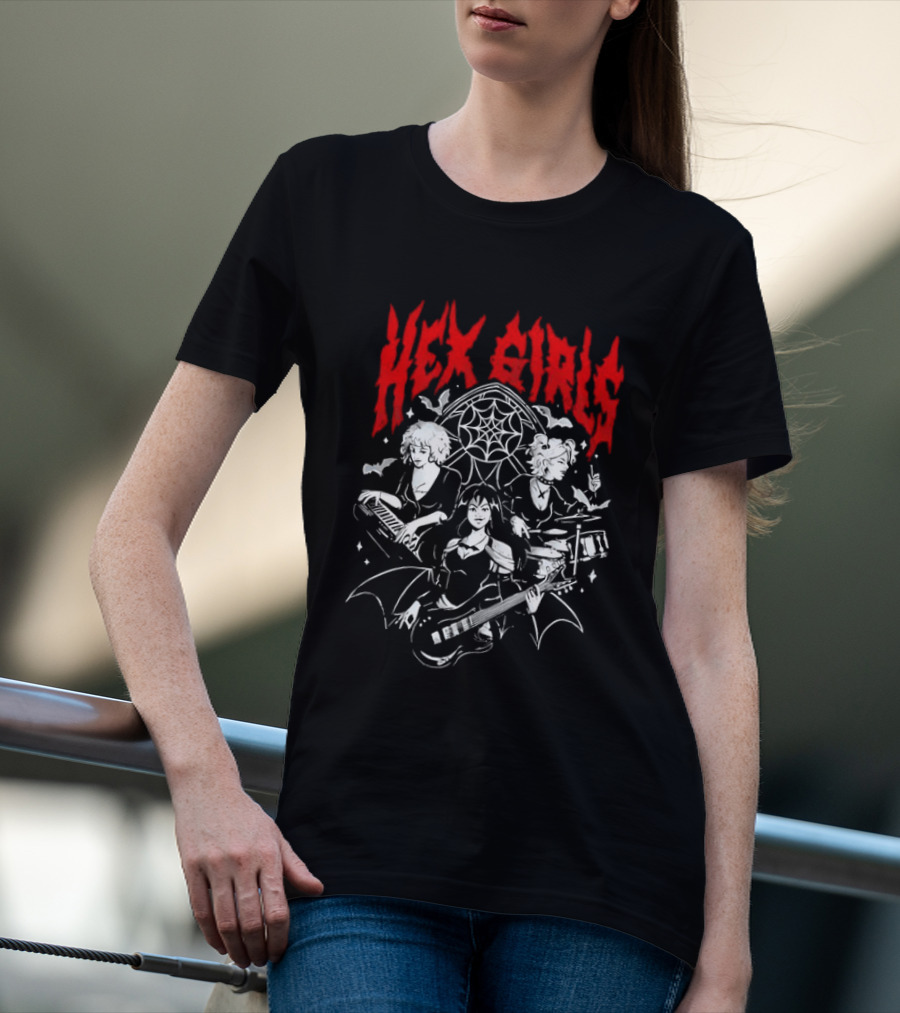 Hex Girls Band Gothic Rock Trio With Instruments And Spiderweb Background T-Shirt