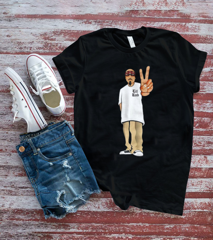 Lil Rob Peace Gesture Cartoon Character With Headband And Bearded T-Shirt