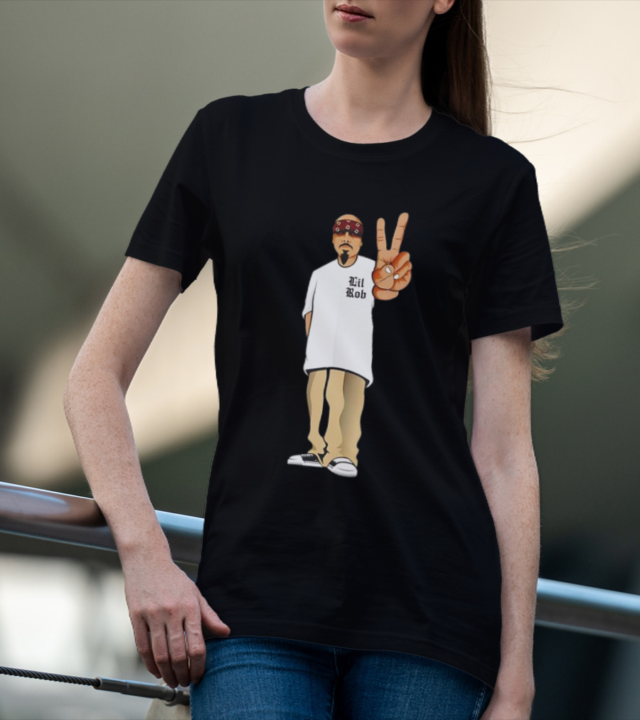 Lil Rob Peace Gesture Cartoon Character With Headband And Bearded T-Shirt