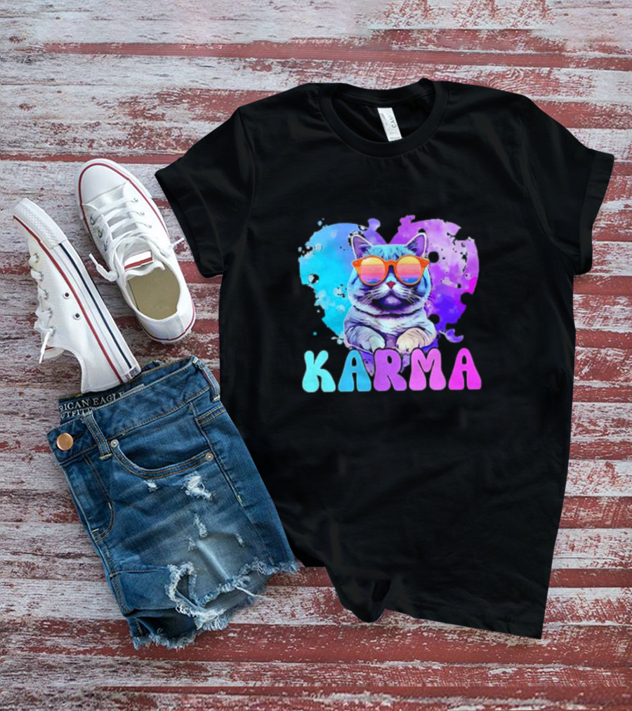 Cat Lover Karma Heart Shape Retro Sunglasses T-Shirt