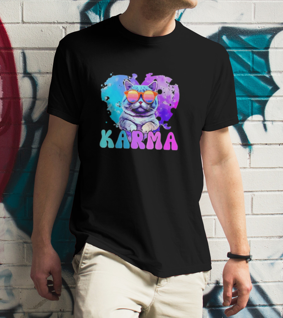 Cat Lover Karma Heart Shape Retro Sunglasses T-Shirt