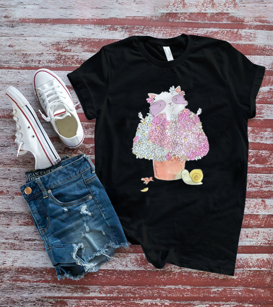 Raccoon In Floral Pot With Snail And Blossoms T-Shirt