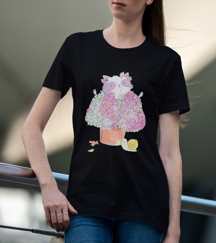 Raccoon In Floral Pot With Snail And Blossoms T-Shirt