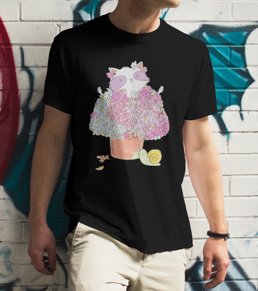 Raccoon In Floral Pot With Snail And Blossoms T-Shirt