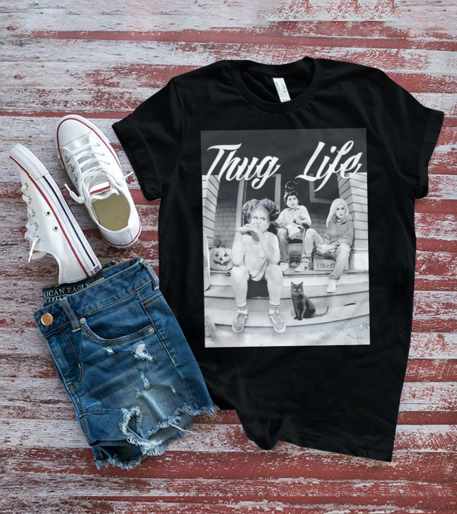 Hocus Pocus Thug Life Witchy Trio With Black Cat And Pumpkin Porch Scene T-Shirt