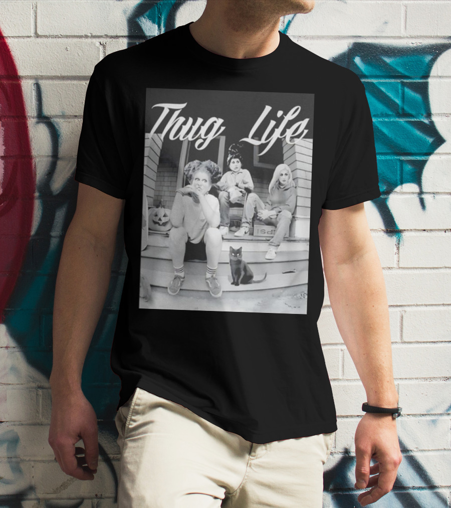 Hocus Pocus Thug Life Witchy Trio With Black Cat And Pumpkin Porch Scene T-Shirt