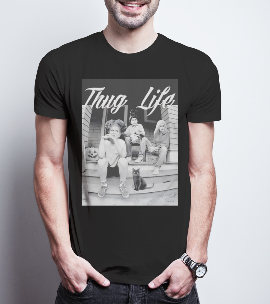 Hocus Pocus Thug Life Witchy Trio With Black Cat And Pumpkin Porch Scene T-Shirt