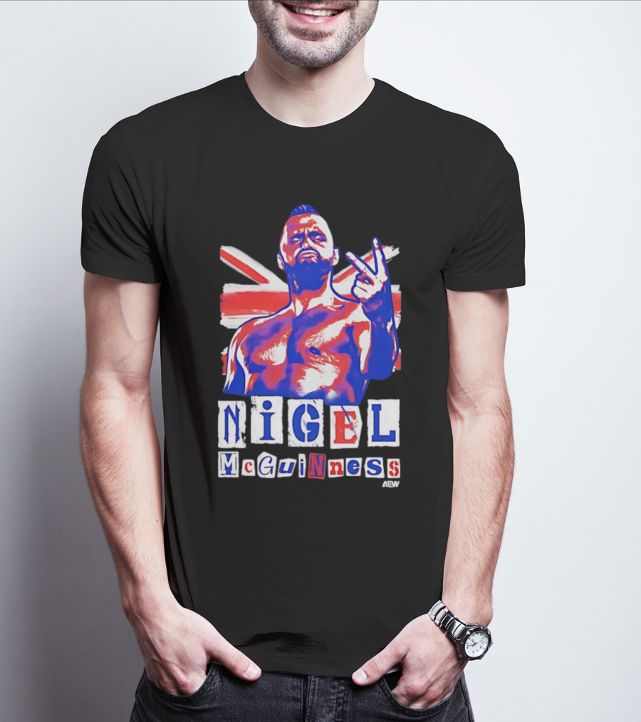 NIGEL McGUINNESS AEW Union Jack V Sign T-Shirt