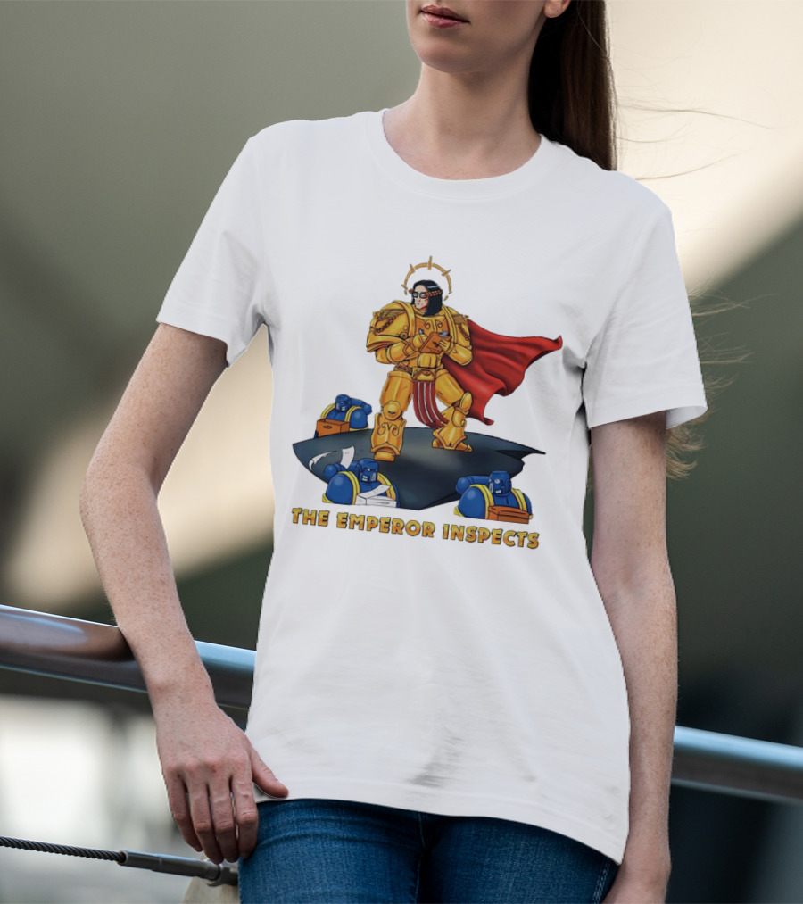 The Emperor Inspects Power Armor With Red Cape And Space Soldiers On Dark Platform T-Shirt