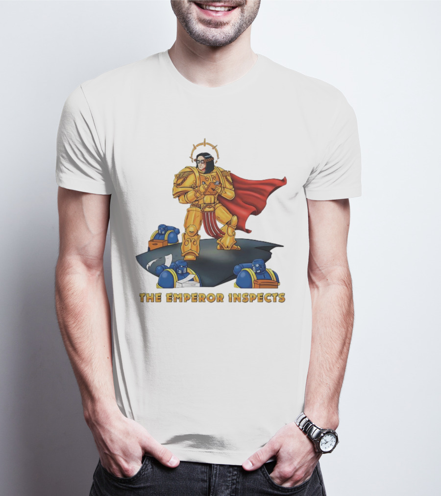 The Emperor Inspects Power Armor With Red Cape And Space Soldiers On Dark Platform T-Shirt