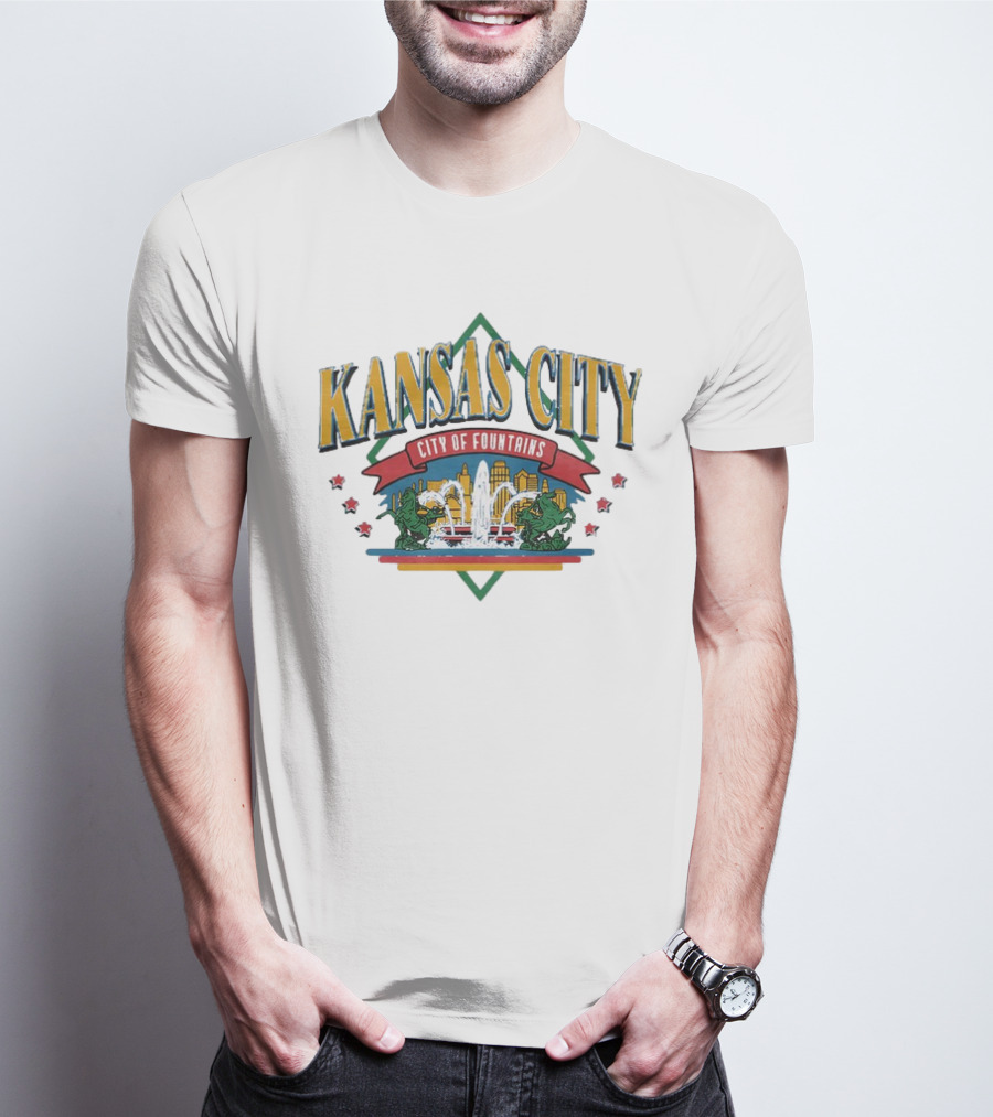 Kansas City City Of Fountains Skyline And Fountain With Dragons And Stars T-Shirt