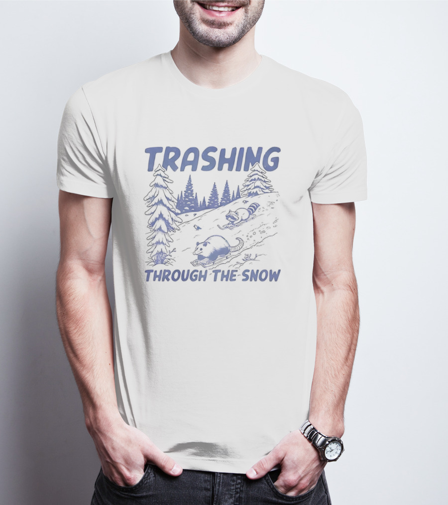 Trashing Through The Snow Hillside Opossum And Raccoon Winter Fun T-Shirt