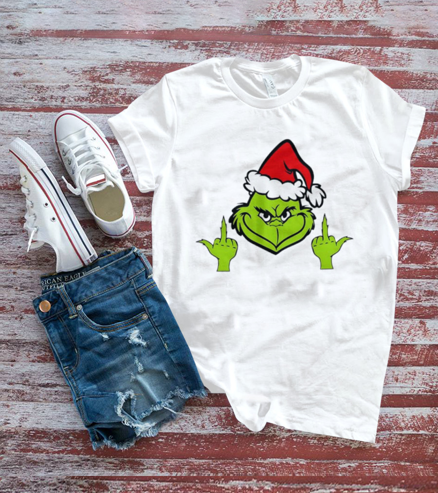 Grinch Middle Finger Funny Grinchmas Santa Claus Iconic Holiday Humor T-Shirt