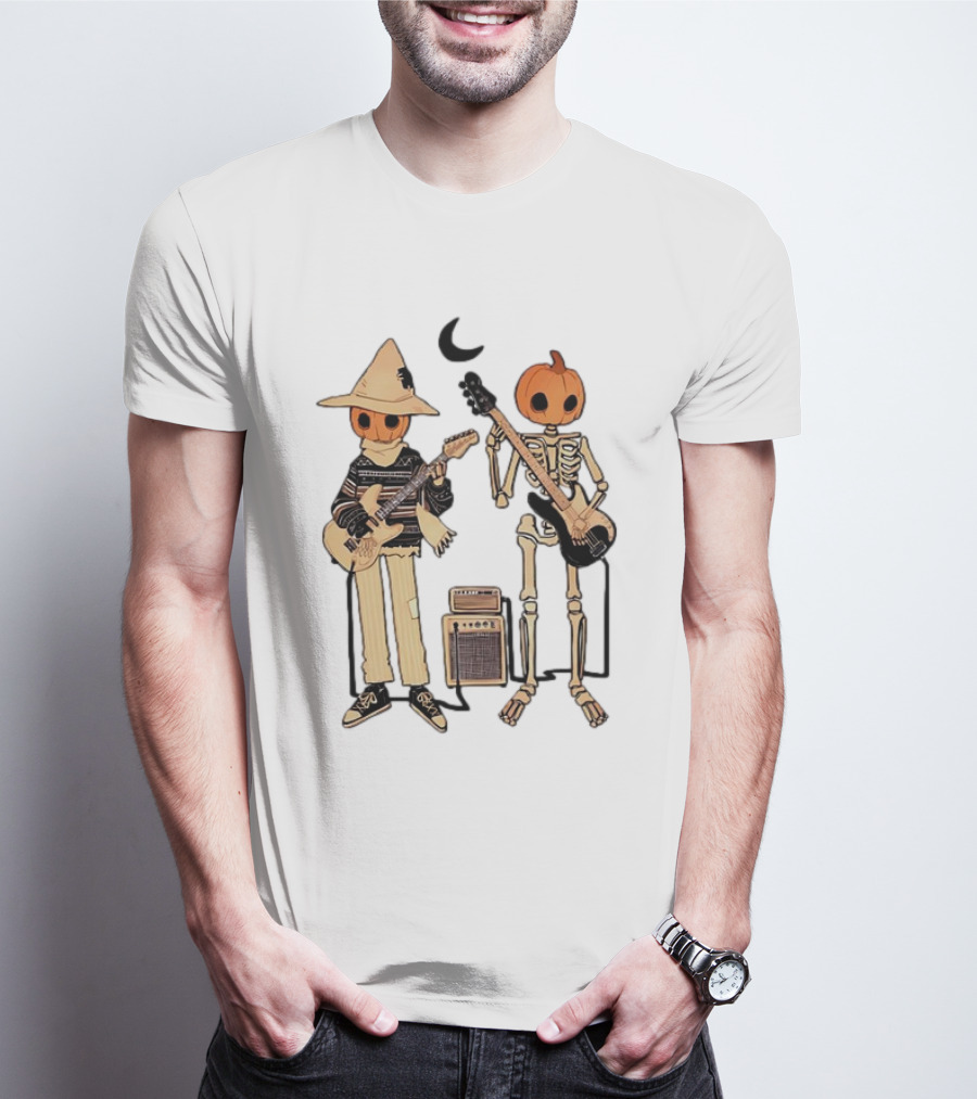 Libby Frame Pumpkin Skeleton Musicians With Crescent Moon T-Shirt