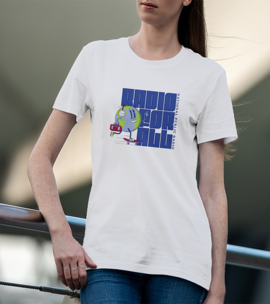 RADIO FOR ALL National Public Radio Cartoon Skateboarding Globe T-Shirt