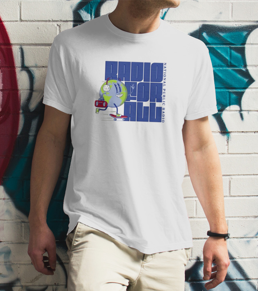 RADIO FOR ALL National Public Radio Cartoon Skateboarding Globe T-Shirt