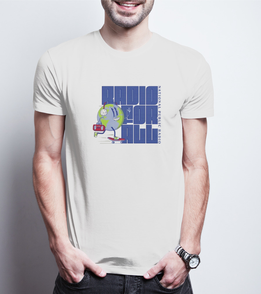 RADIO FOR ALL National Public Radio Cartoon Skateboarding Globe T-Shirt