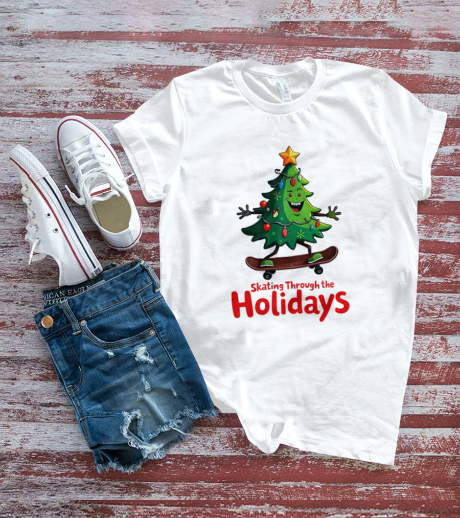 Skating Through The Holidays Christmas Tree Skateboard T-Shirt