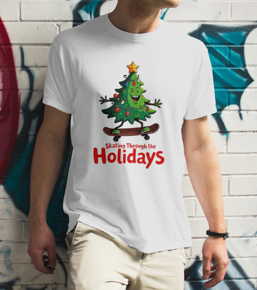 Skating Through The Holidays Christmas Tree Skateboard T-Shirt