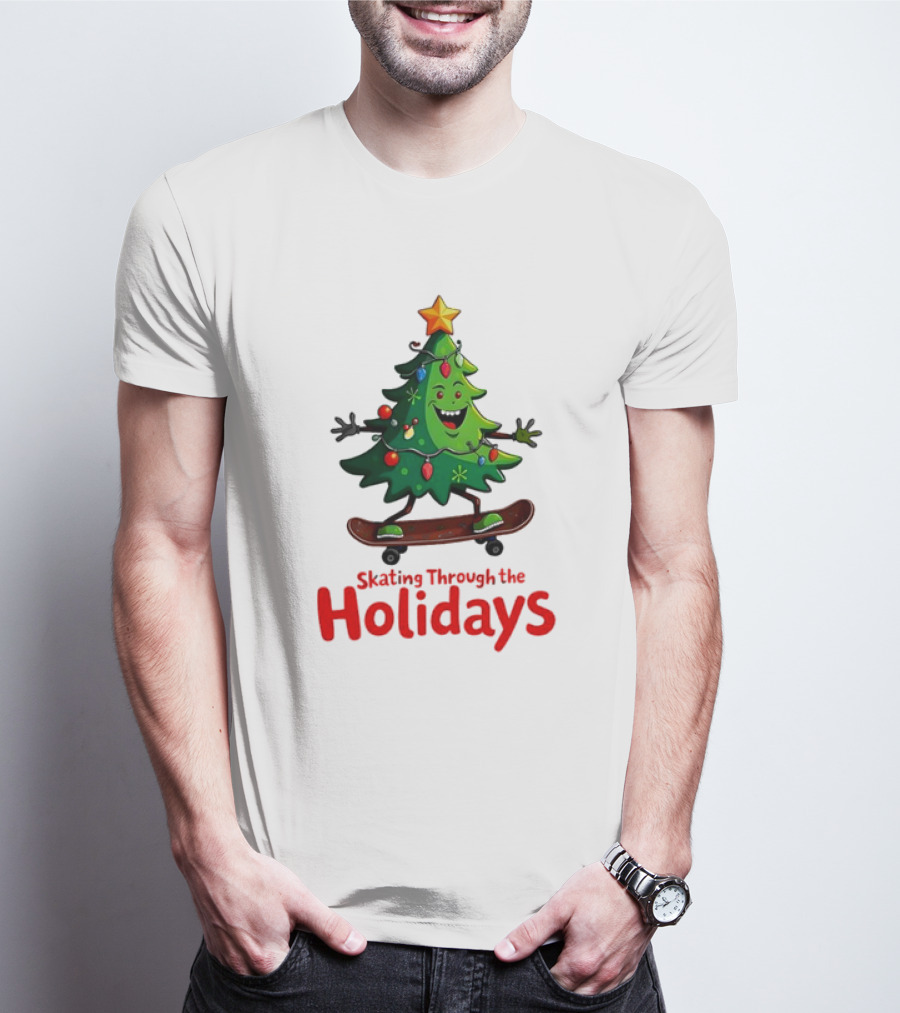 Skating Through The Holidays Christmas Tree Skateboard T-Shirt