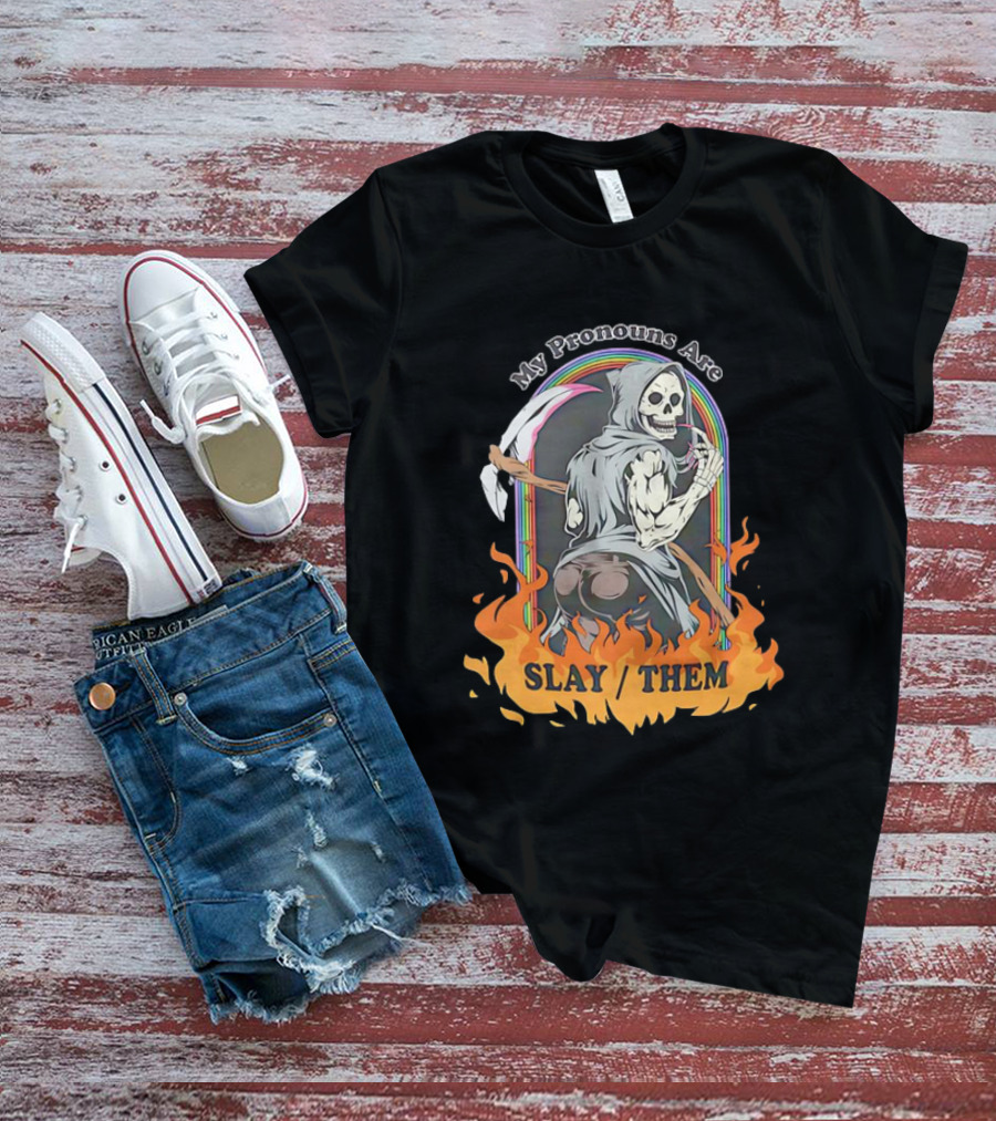 Skeleton My Pronouns Are Slay Them Cartoon Retro Rainbow Flames T-Shirt