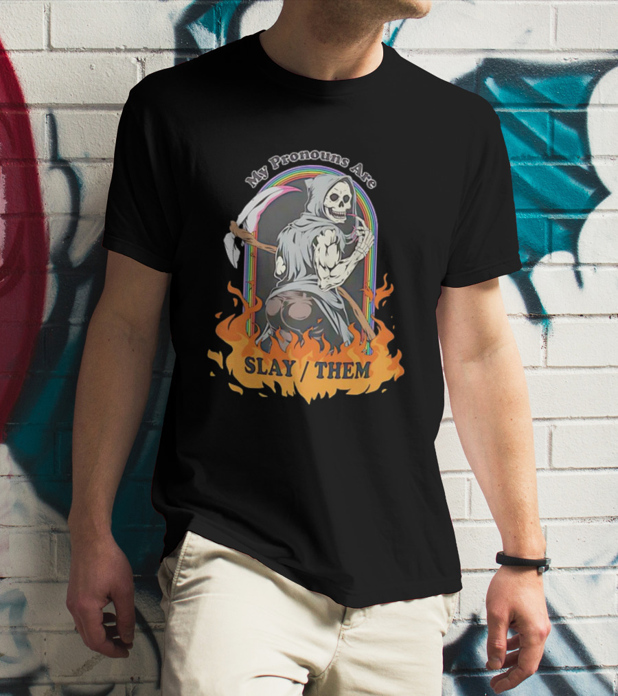 Skeleton My Pronouns Are Slay Them Cartoon Retro Rainbow Flames T-Shirt