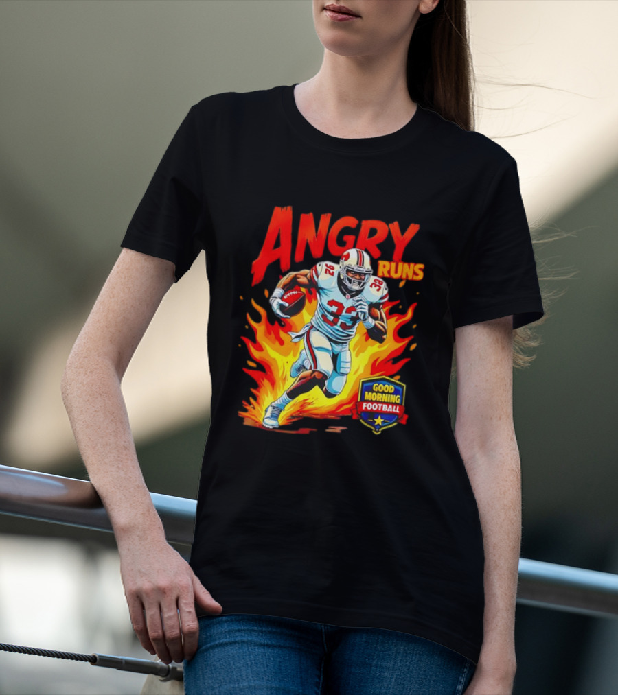 Angry Runs Good Morning Football Flaming Football Player 26 T-Shirt