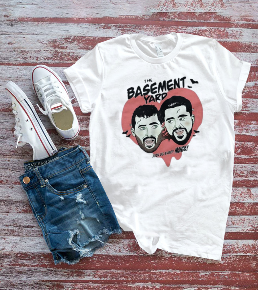 The Basement Yard Join Us Every Monday Spooky Season With Two Characters And Bats T-Shirt