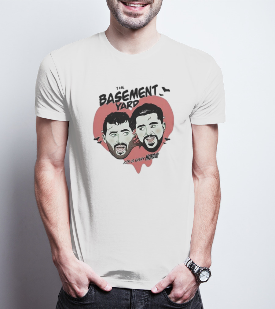 The Basement Yard Join Us Every Monday Spooky Season With Two Characters And Bats T-Shirt