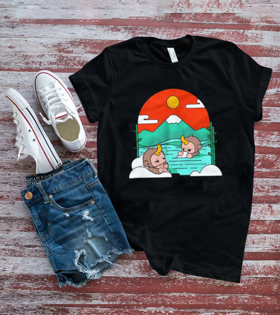 Connor Colquhoun The Tranquil Cute Monkeys In Vibrant Mountain Hot Spring Scenery With Sun And Clouds T-Shirt