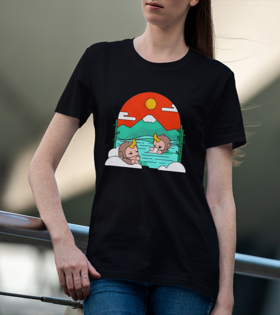 Connor Colquhoun The Tranquil Cute Monkeys In Vibrant Mountain Hot Spring Scenery With Sun And Clouds T-Shirt