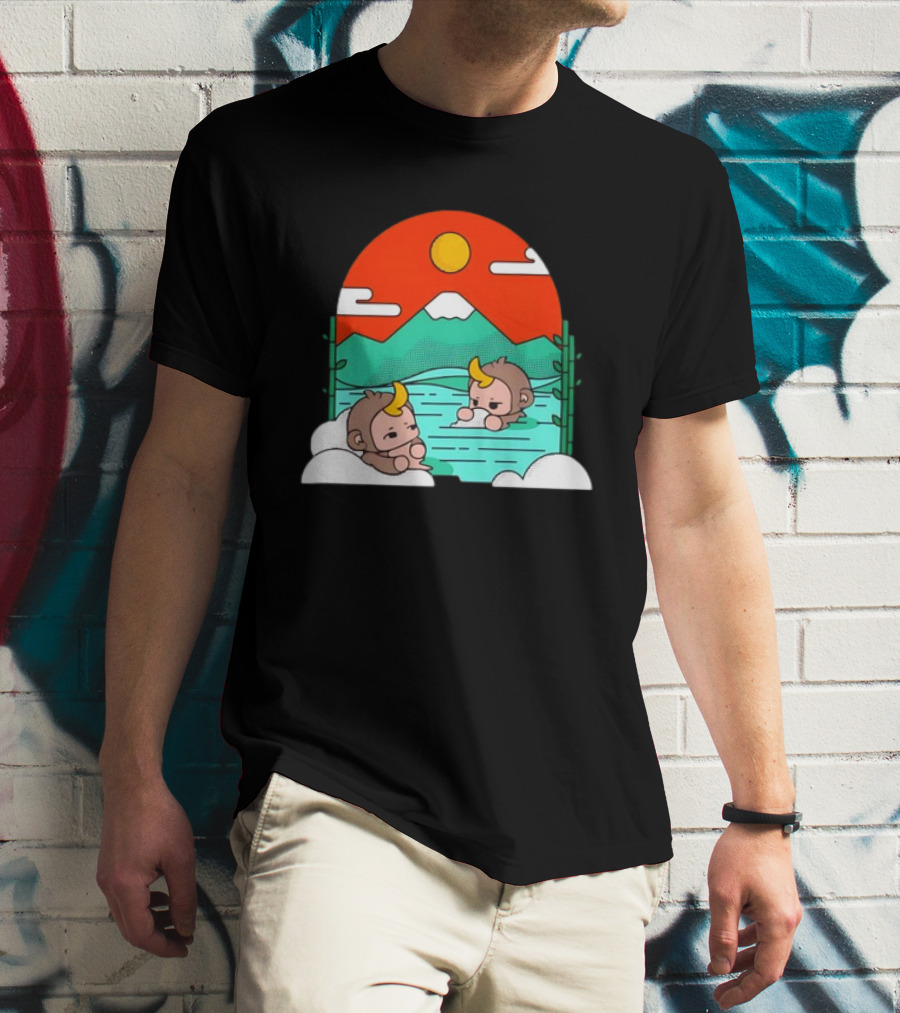 Connor Colquhoun The Tranquil Cute Monkeys In Vibrant Mountain Hot Spring Scenery With Sun And Clouds T-Shirt