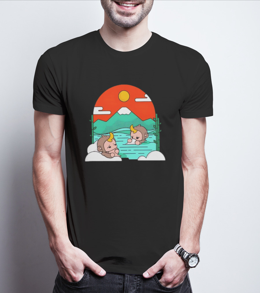 Connor Colquhoun The Tranquil Cute Monkeys In Vibrant Mountain Hot Spring Scenery With Sun And Clouds T-Shirt