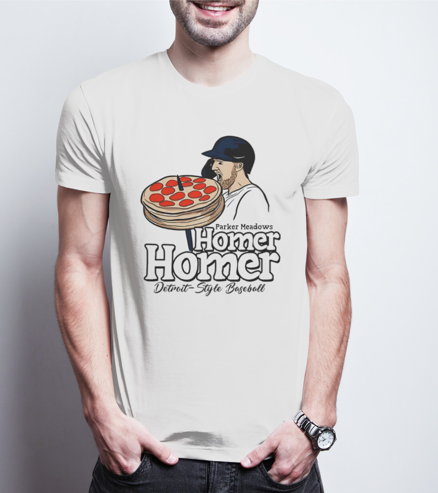 Parker Meadows Homer Homer Detroit-Style Baseball Pizza T-Shirt