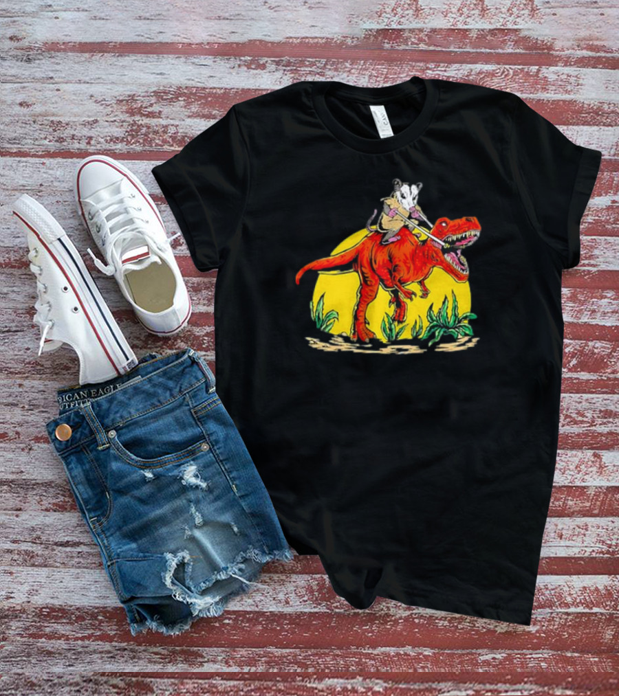 Opossum Riding T-Rex Dinosaur Retro Sunset Forest Scene T-Shirt