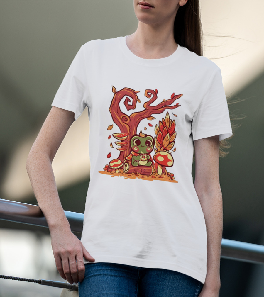 Cozy Autumn Days Cute Frog Enjoying Fall Leaves T-Shirt