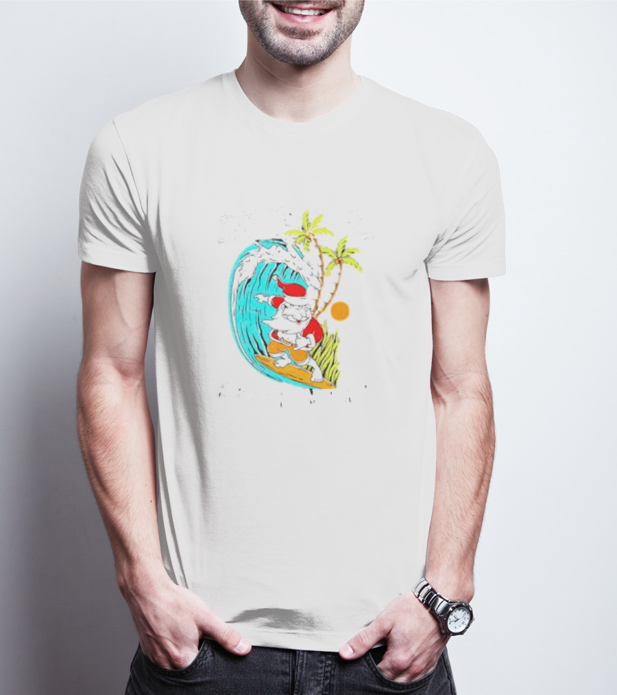 Mele Kalikimaka Hawaii Christmas Surfing Santa Wave Palm Trees Sun T-Shirt