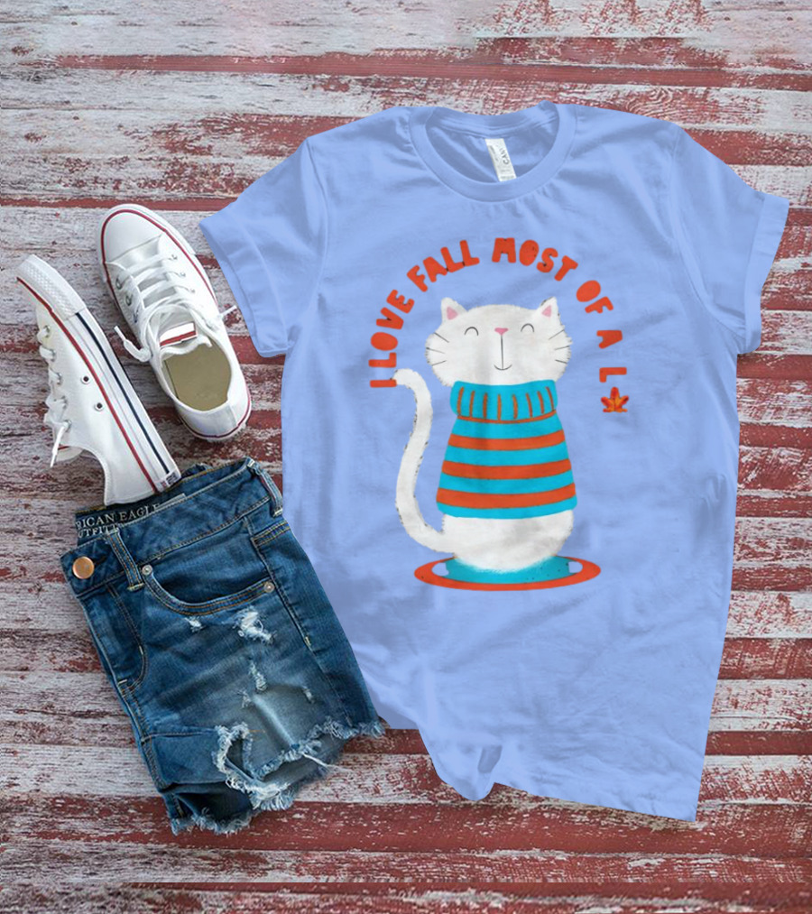 I Love Fall Most Of All Cat In Striped Sweater With Leaf T-Shirt
