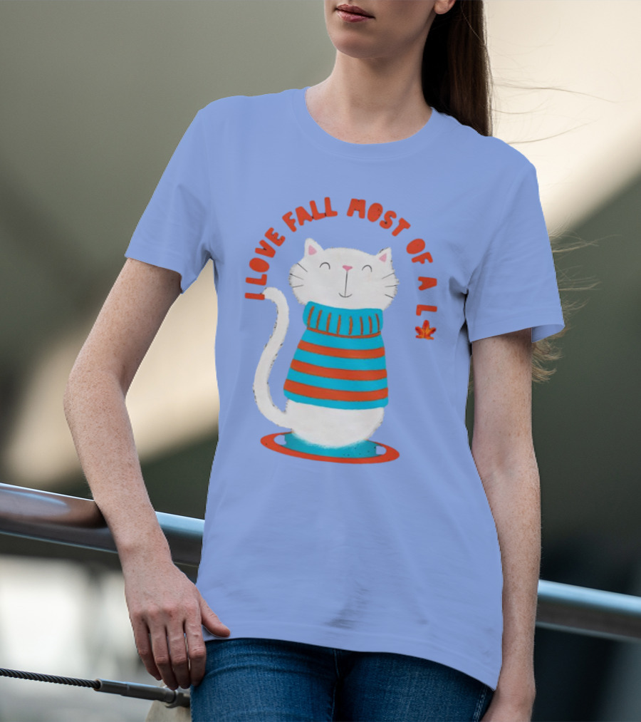 I Love Fall Most Of All Cat In Striped Sweater With Leaf T-Shirt
