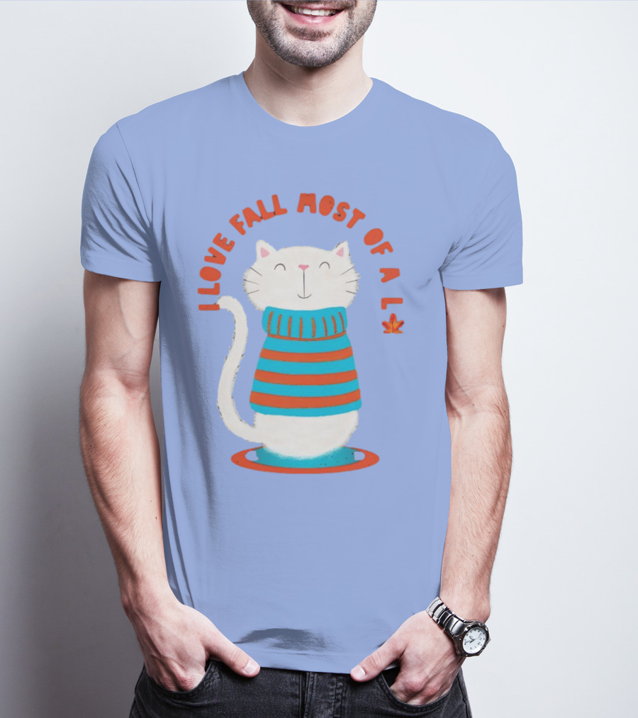 I Love Fall Most Of All Cat In Striped Sweater With Leaf T-Shirt