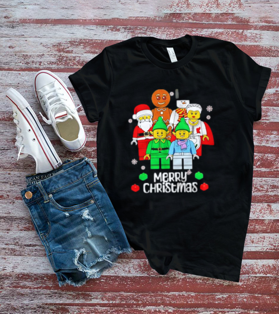 Merry Christmas Santa Elf Snowman Gingerbread Building Bricks Figures T-Shirt