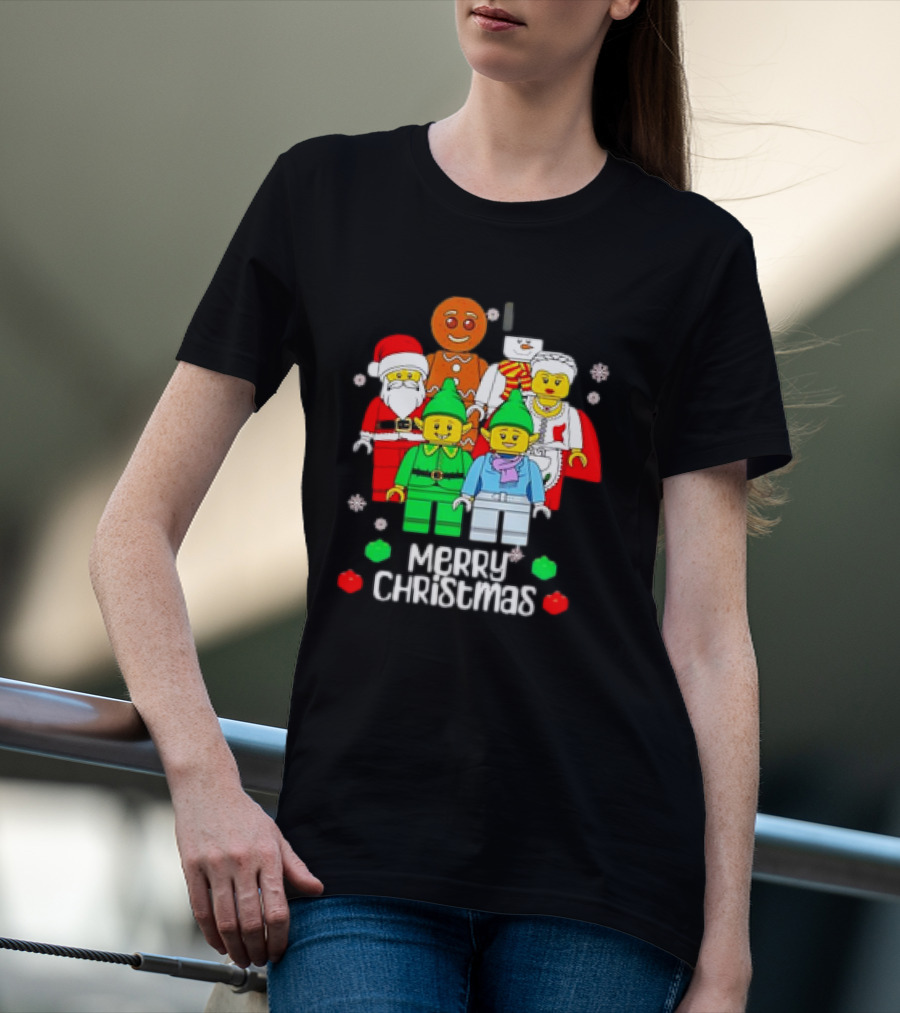 Merry Christmas Santa Elf Snowman Gingerbread Building Bricks Figures T-Shirt