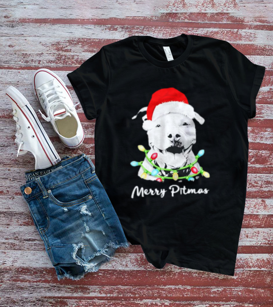 Merry Pitmas Pit Bull Santa With Christmas Tree Lights T-Shirt