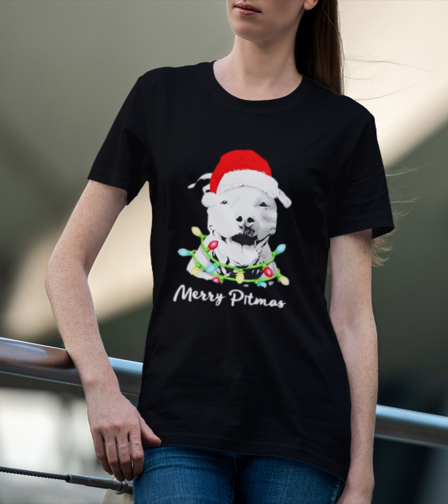 Merry Pitmas Pit Bull Santa With Christmas Tree Lights T-Shirt