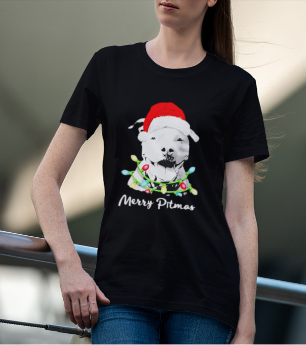 Merry Pitmas Pit Bull Santa With Christmas Tree Lights T-Shirt
